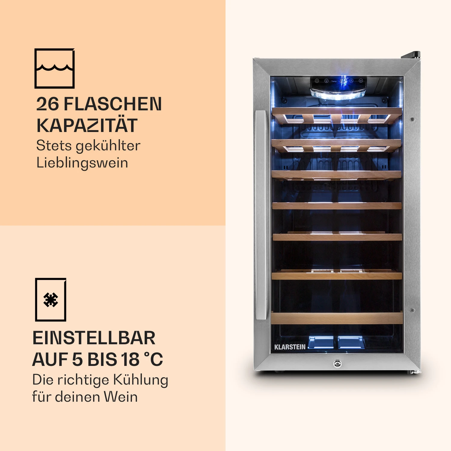 Vinamour 26 Uno Weinkühlschrank 26 Flaschen 88 Liter Edelstahl LED – Bild 3