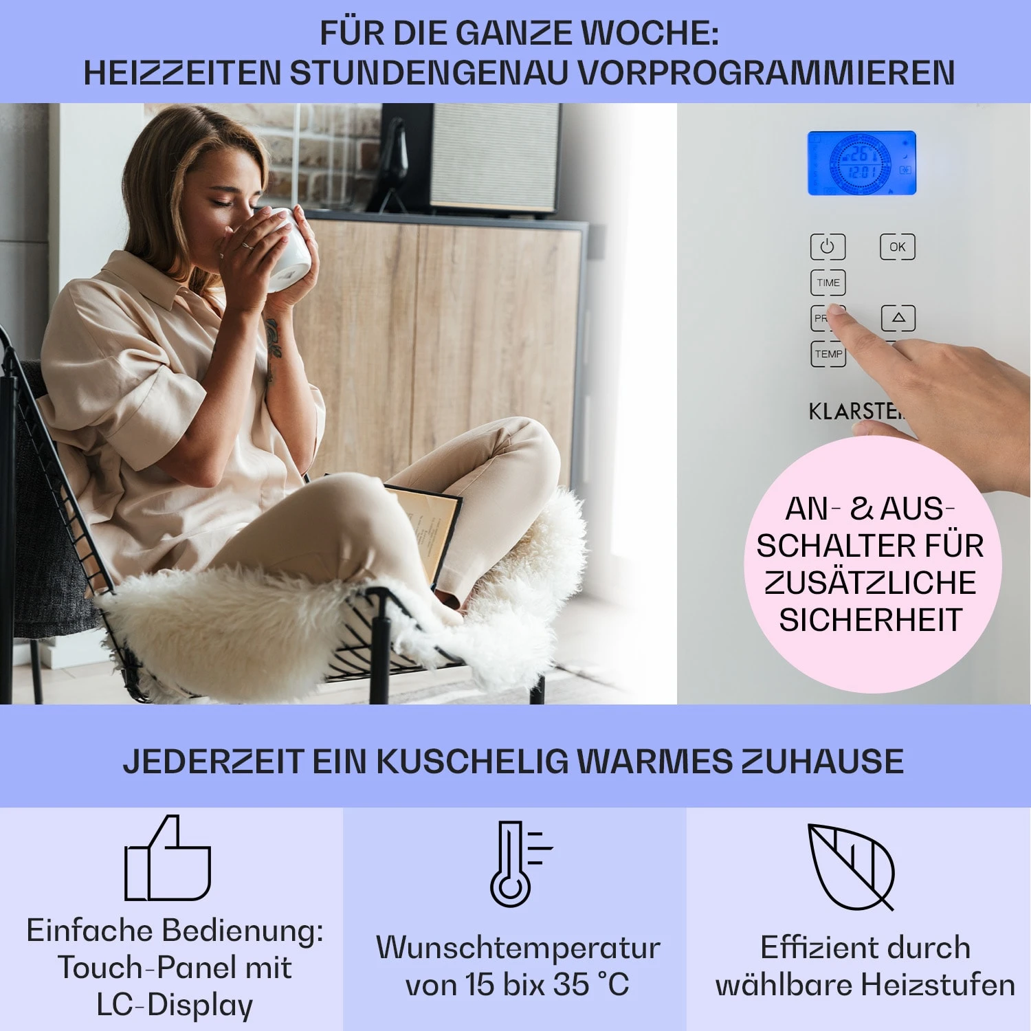 Norderney Konvektions-Heizgerät Thermostat Timer 1000W 20m² Weiß – Bild 3