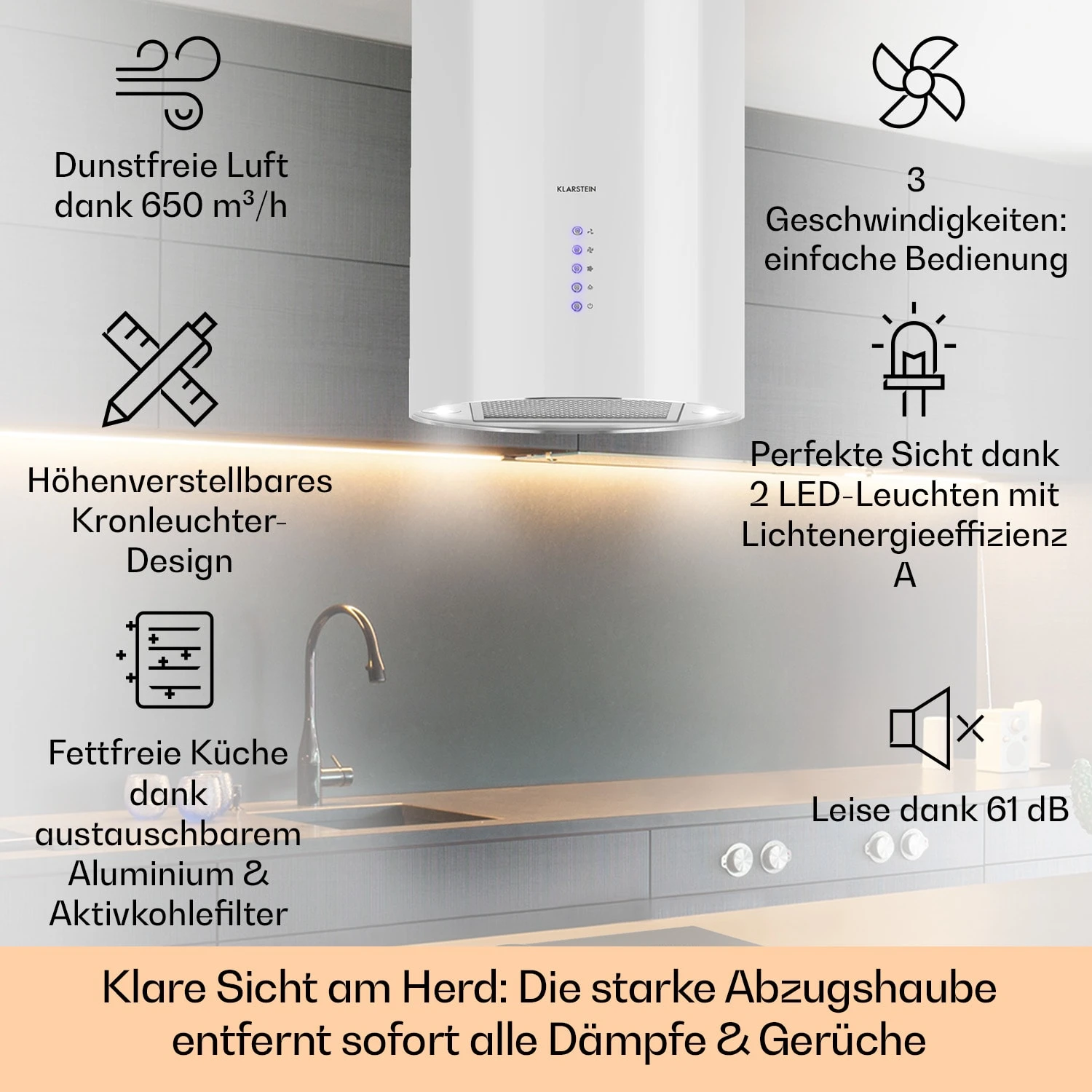 Beretta Inselabzugshaube Ø35cm Ab-/Umluft 650m³/h LED Edelstahl – Bild 2
