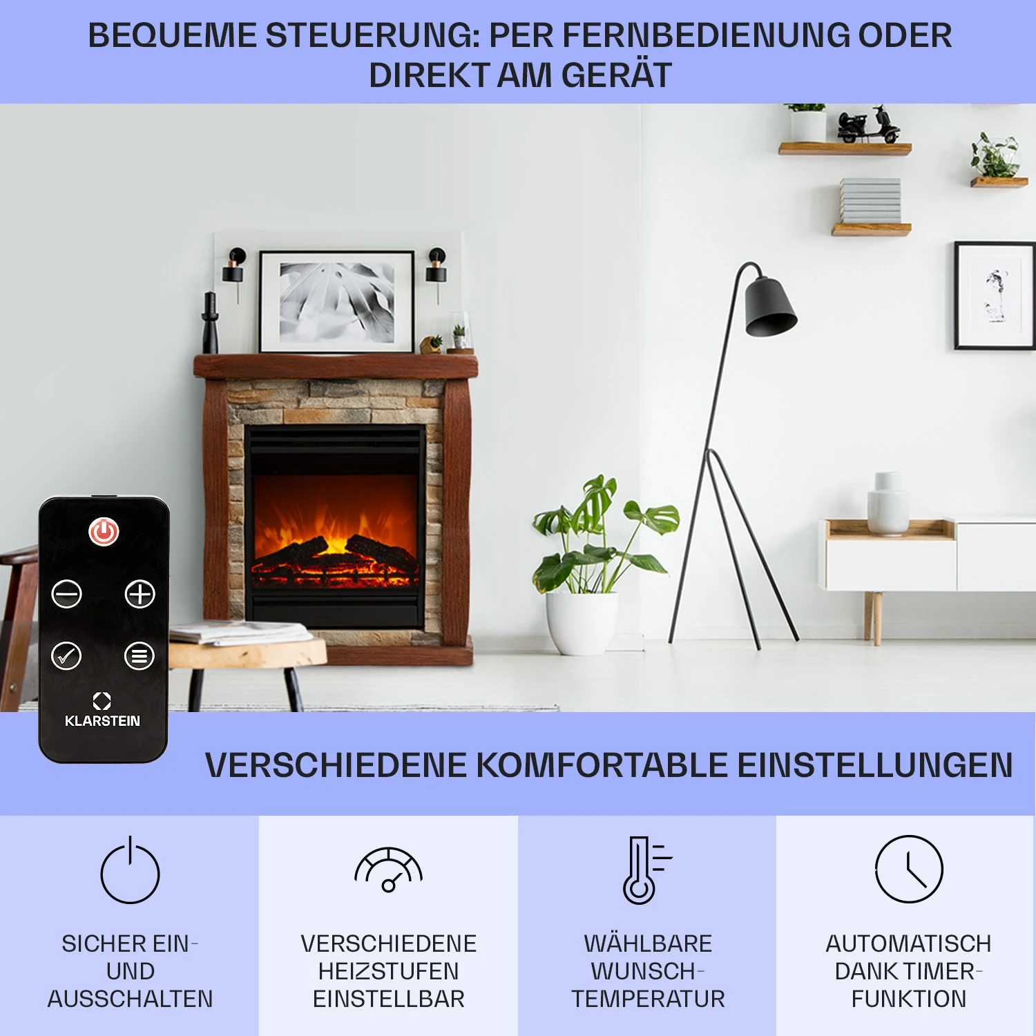 Lienz Elektrischer Kamin 1800W Steindekor Polystone Fernbedienung – Bild 6