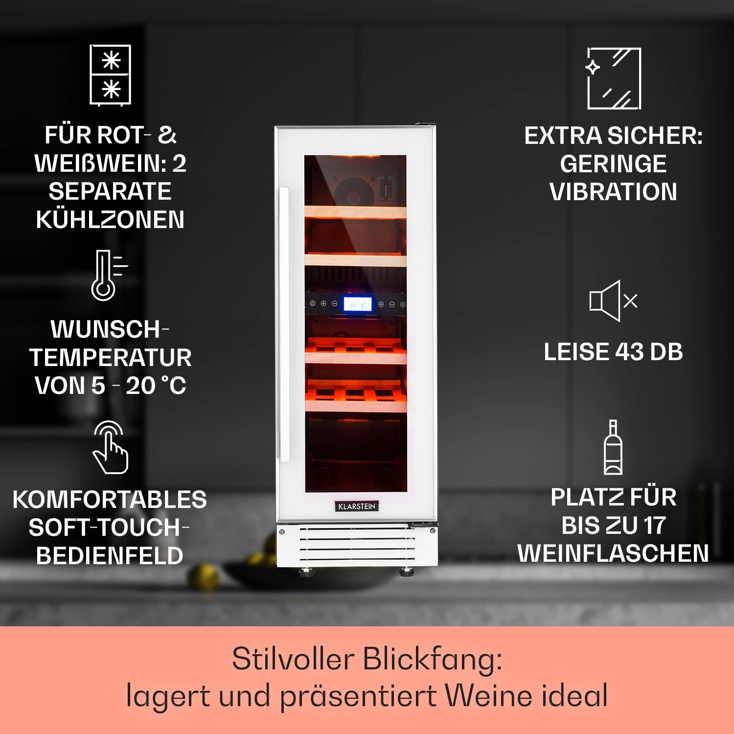 Vinovilla 17 Built-In Duo Zweizonen-Weinkühlschrank 53l 17 Fl. 3-Farben Glastür – Bild 2