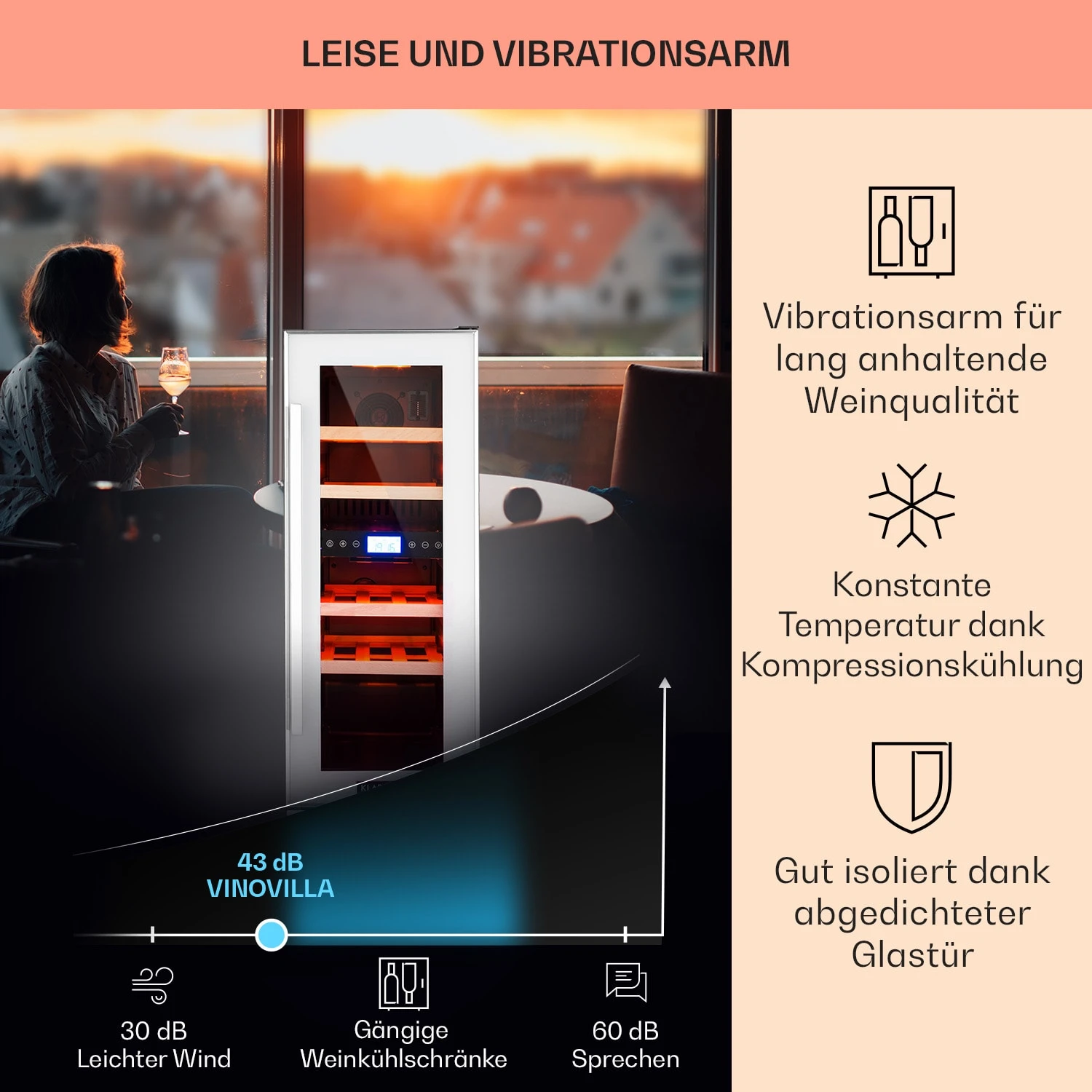 Vinovilla 17 Built-In Duo Zweizonen-Weinkühlschrank 53l 17 Fl. 3-Farben Glastür – Bild 4