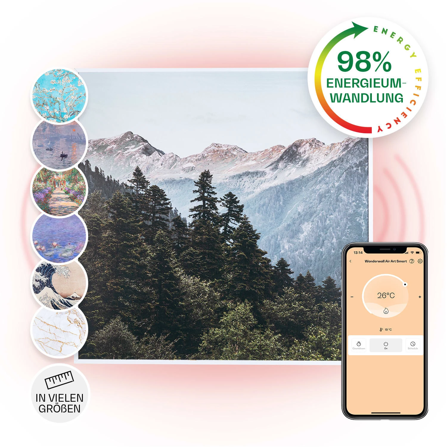 Wonderwall Air Art Smart Infrarotheizung 60x60cm 350W Wandinstallation App-Steuerung Berge