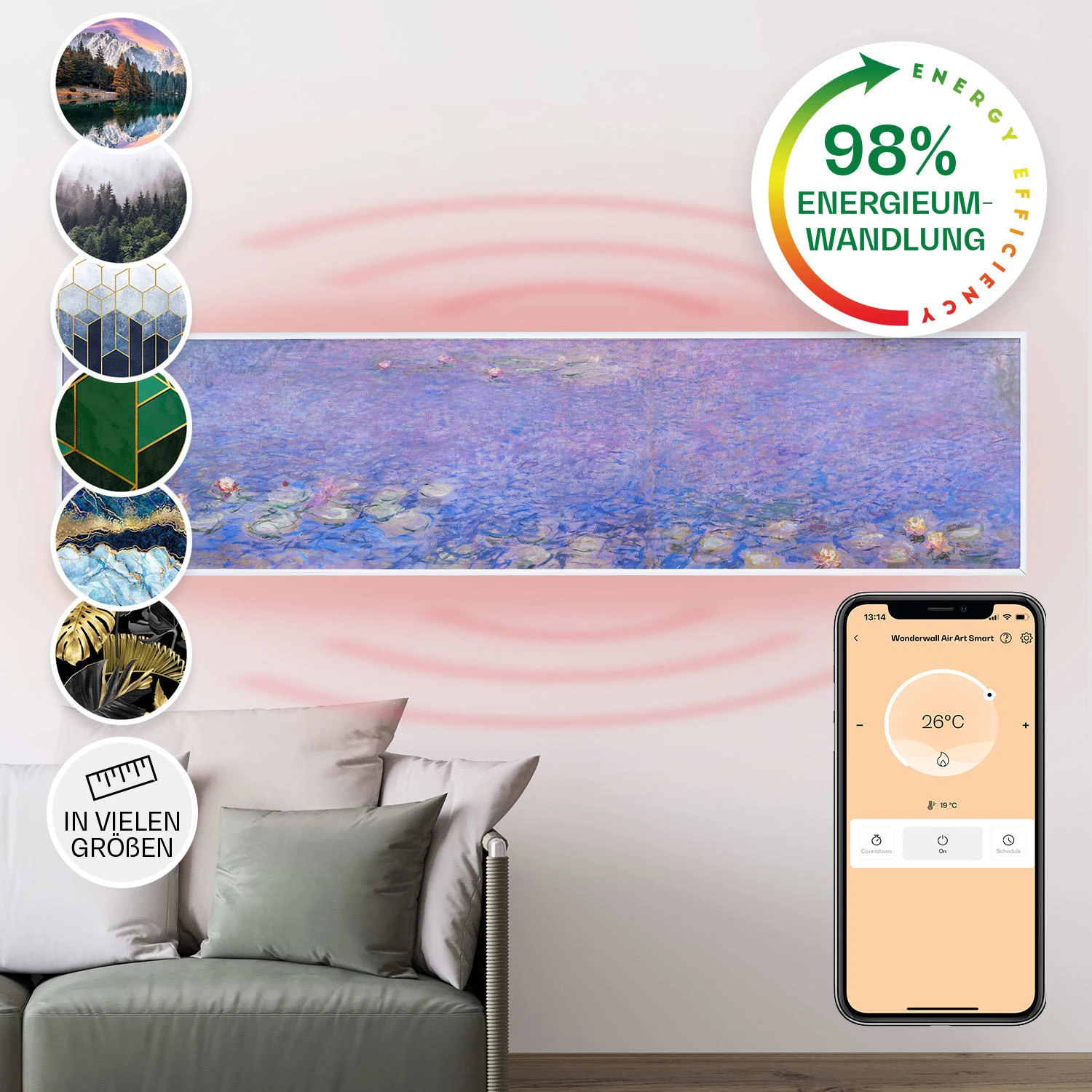 Wonderwall Air Art Smart Infrarotheizung 120x30cm 350W Wandinstallation App-Steuerung Seerosen