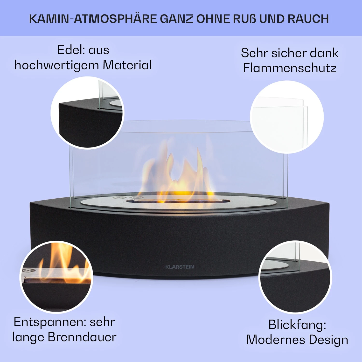 Phantasma Curve Ethanol-Kamin Rauch- & Geruchlos Edelstahl-Brenner Sicherheitsglas – Bild 2