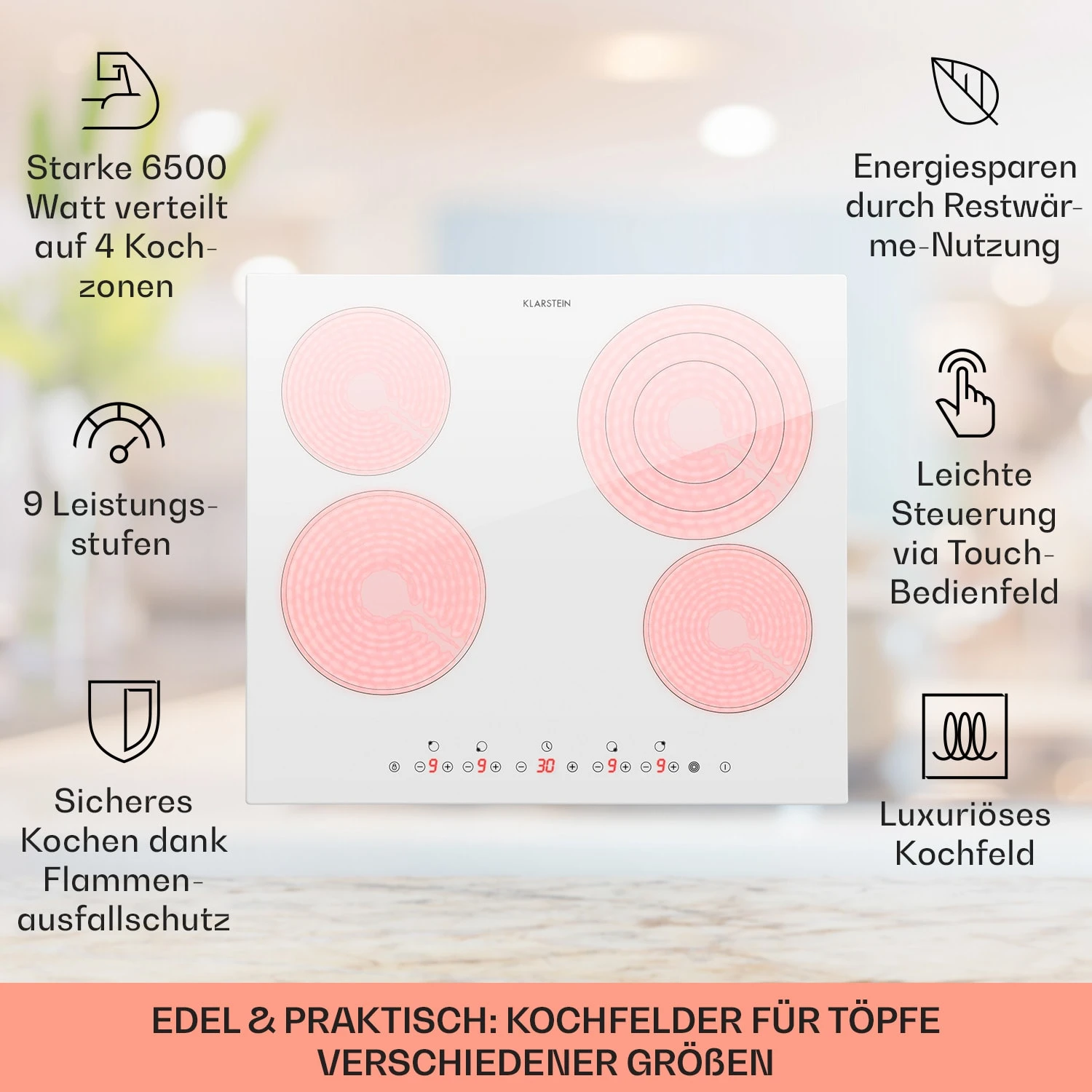 Virtuosa 4 Einbaukochfeld 4 Zonen 6500W Glaskeramik – Bild 2