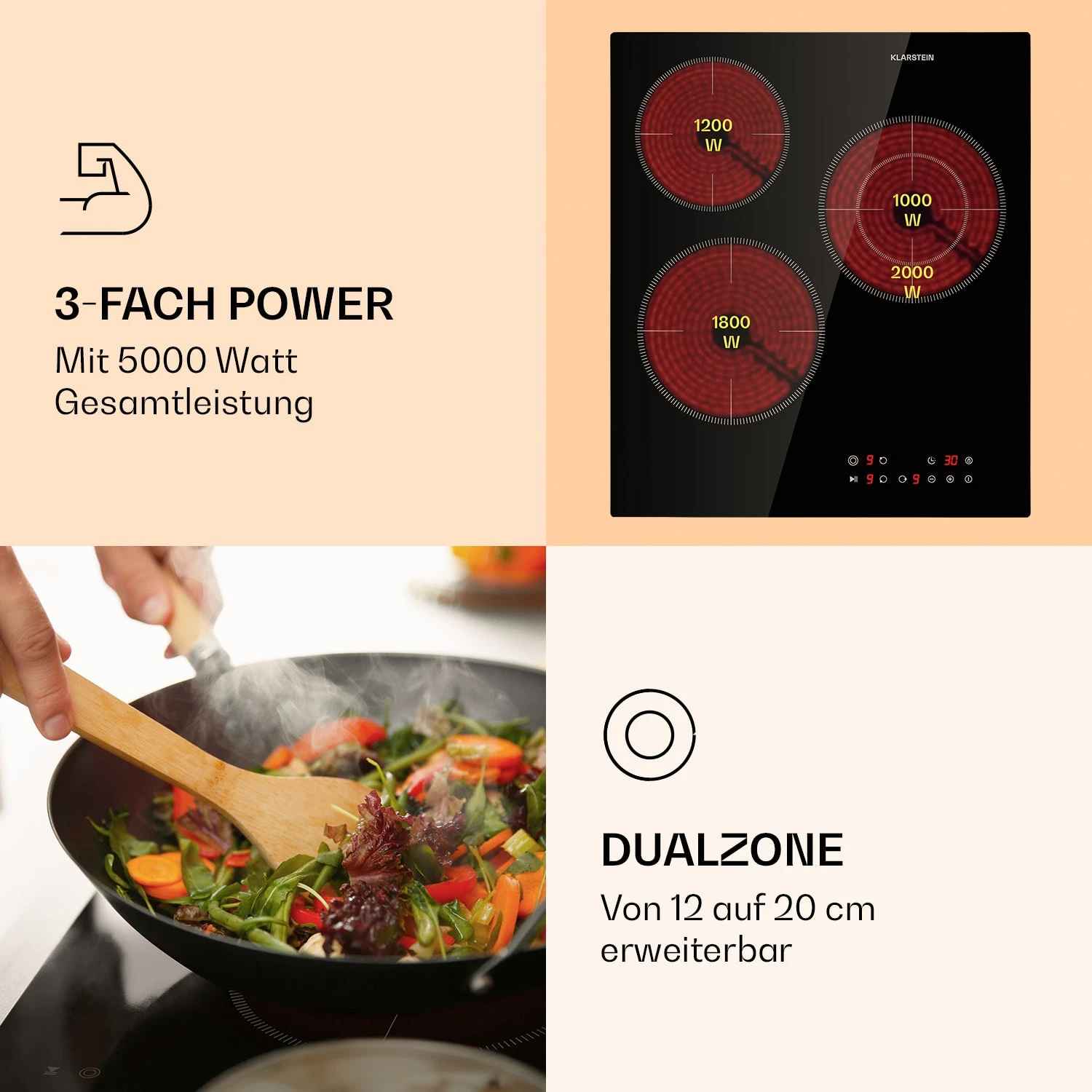 Virtuosa 3 Slim Kochfeld 3 Felder 5000 W Dualzone Timer Keramik – Bild 3