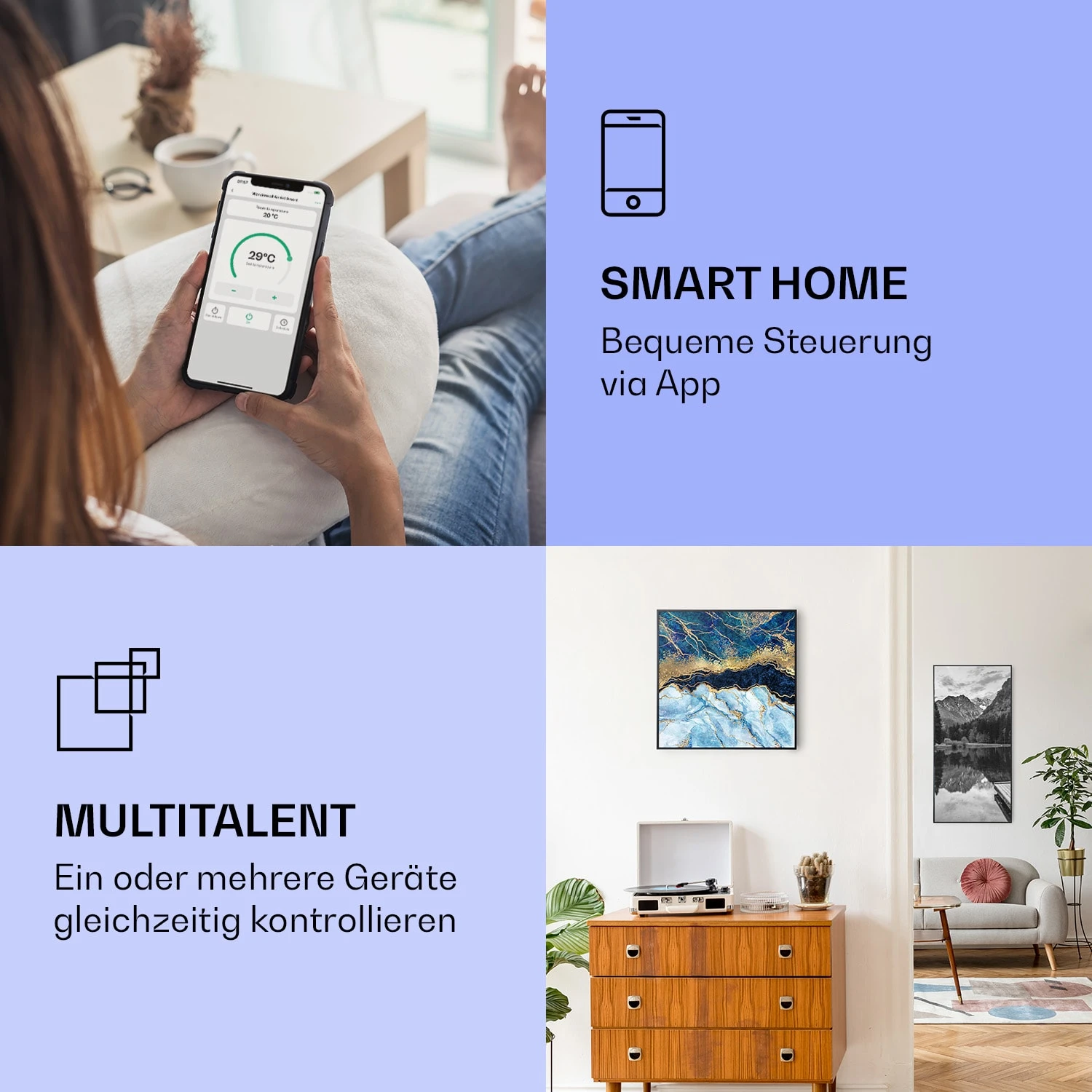 Wonderwall Air Art Smart Infrarotheizung Blauer Marmor 60x60cm 350W – Bild 2