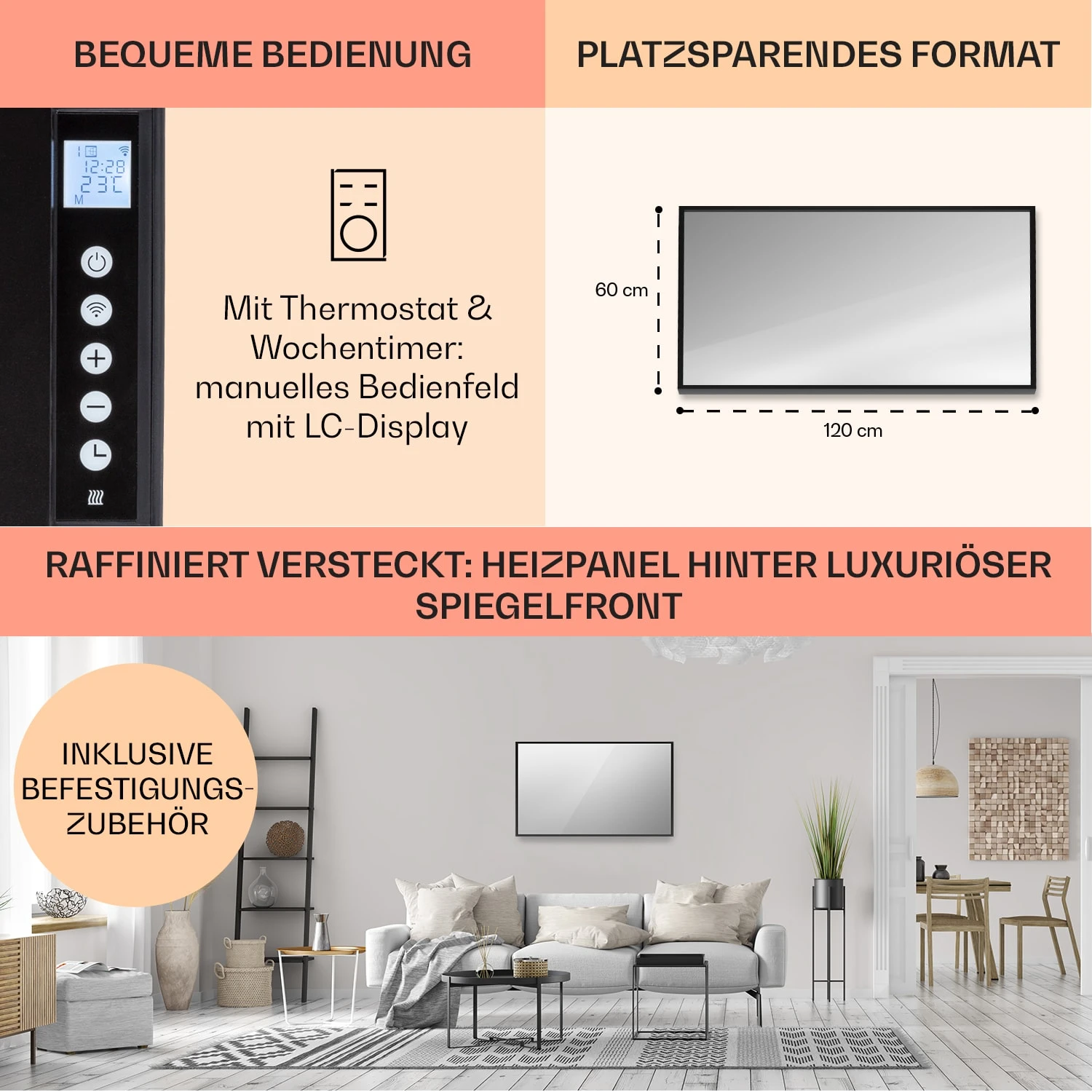 La Palma 1000 Smart 2-in-1 Heizgerät Infrarot Konvektor 120x60cm 1000W Spiegel – Bild 6