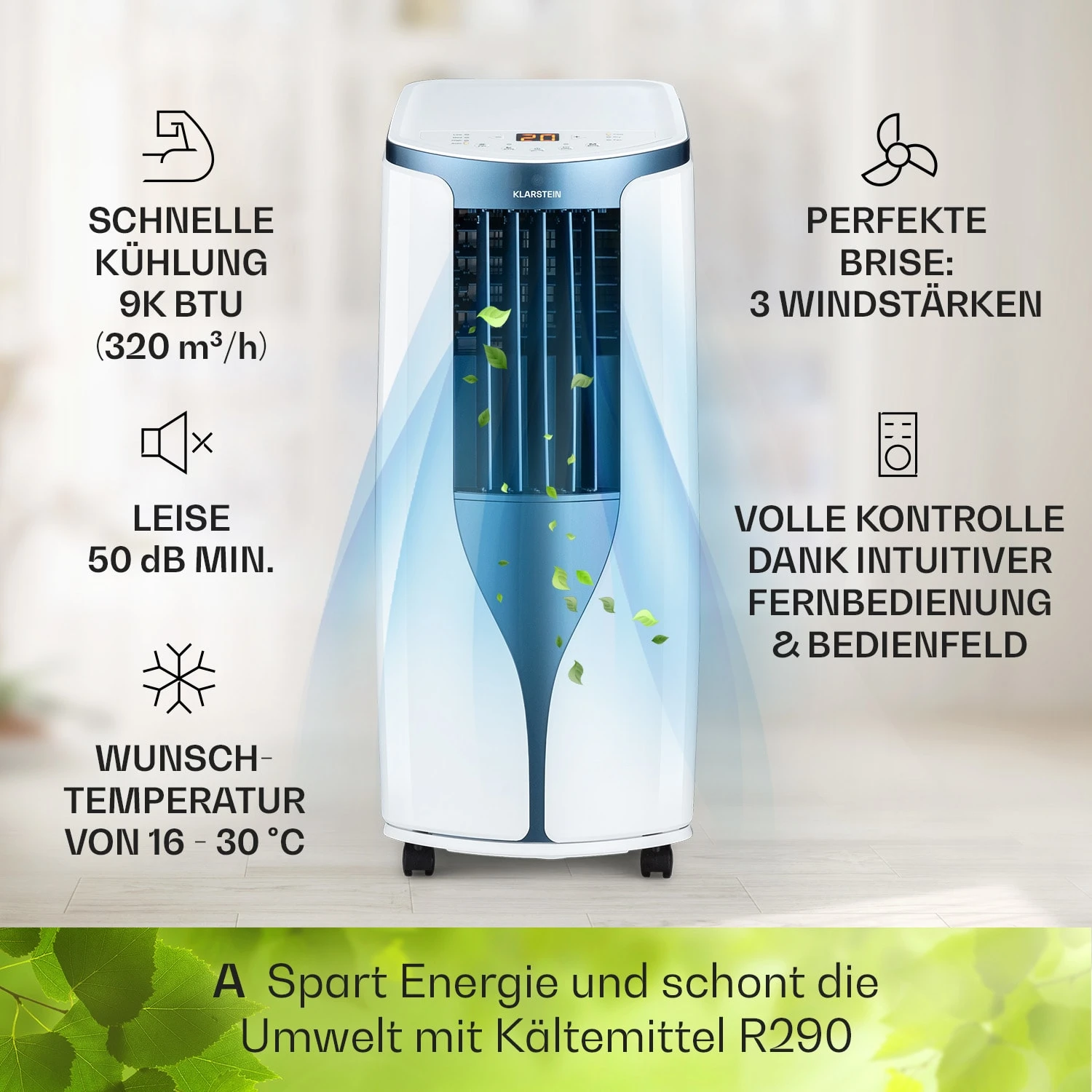 New Breeze 9 Mobile Klimaanlage 4-in-1 9.000 BTU / 2,6 KW EEK A Bodenrollen Timer – Bild 3