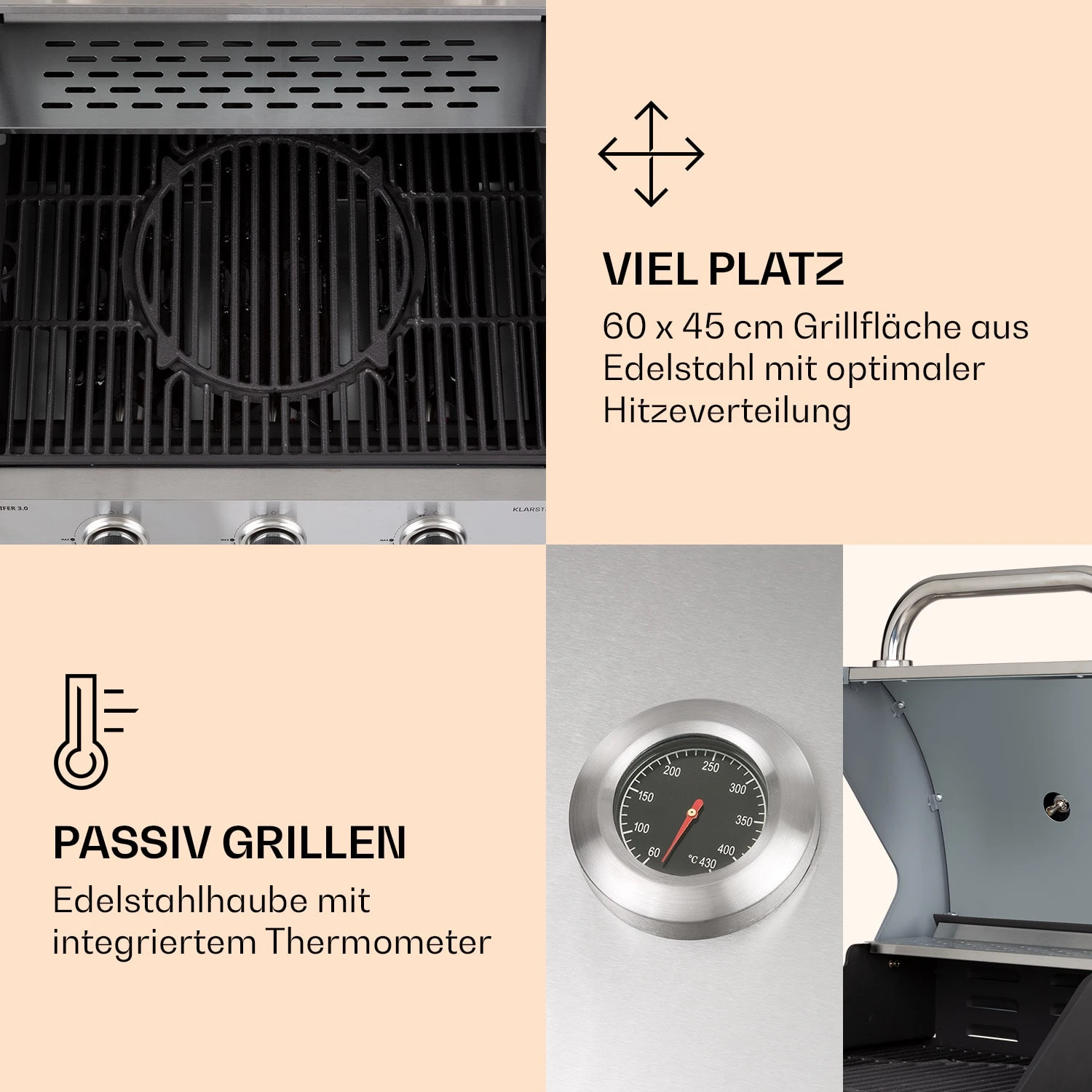 Lucifer 3 Gasgrill 3 X 3,6 KW Brenner 60x45cm Grill Edelstahl Mobil – Bild 4