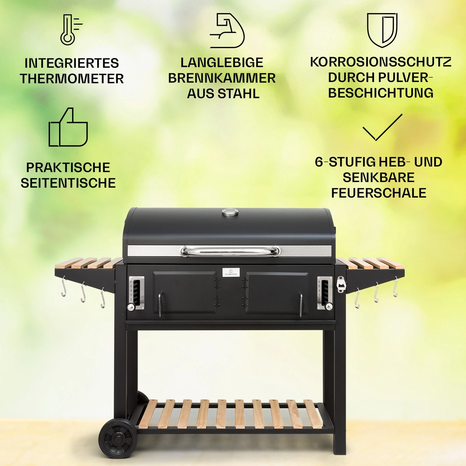 Aberdeen Double Holzkohlegrill Smoker Thermometer 2 Seitentische Mobil – Bild 2