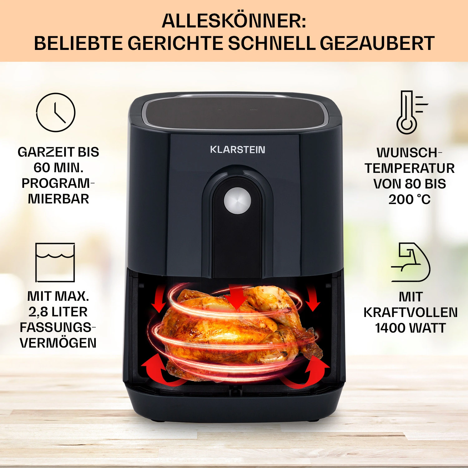 Crisp-Pro Heißluftfritteuse Air Fryer 1400W 2,8 Ltr Timer Edelstahl – Bild 2