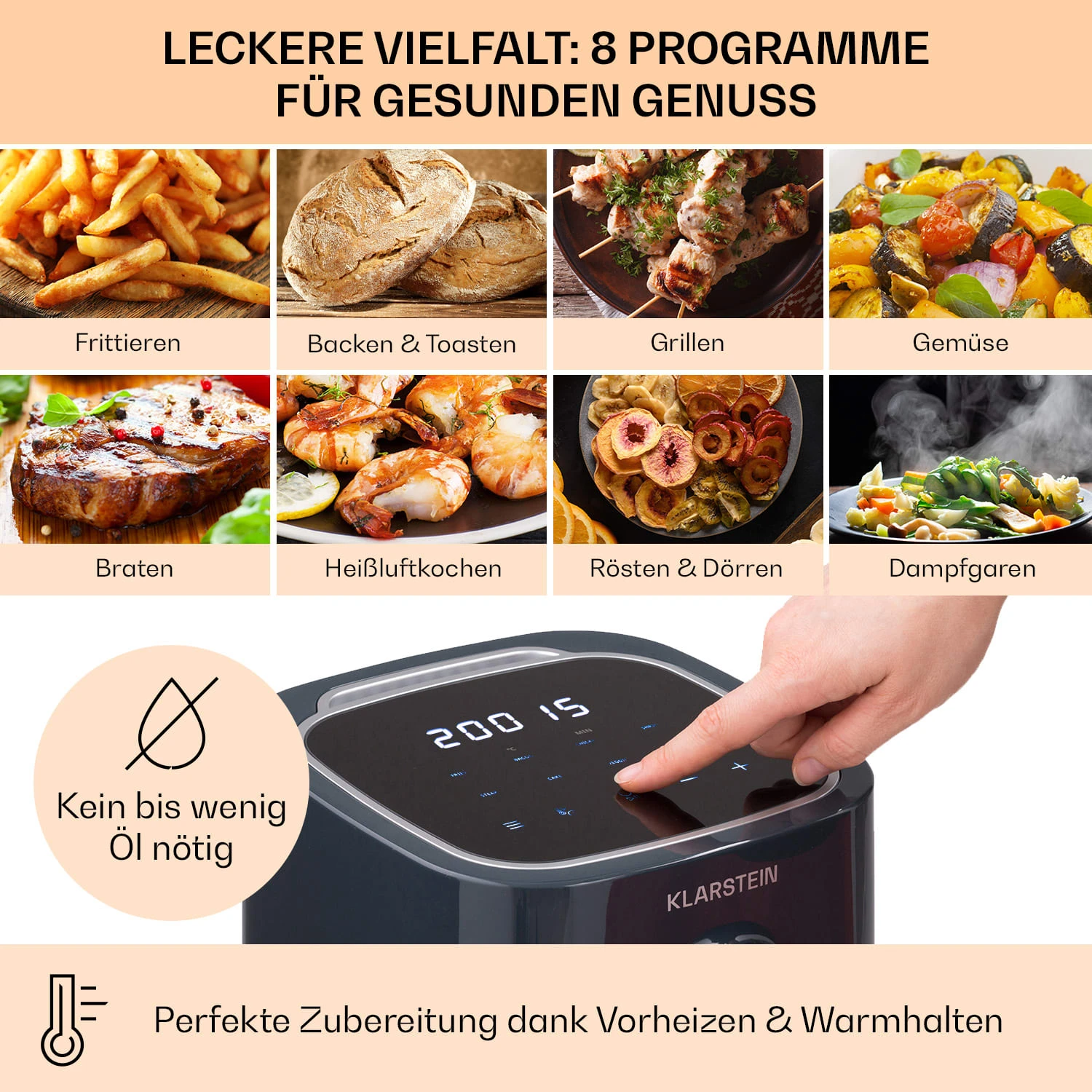 Crisp-Pro Heißluftfritteuse Air Fryer 1400W 2,8 Ltr Timer Edelstahl – Bild 3
