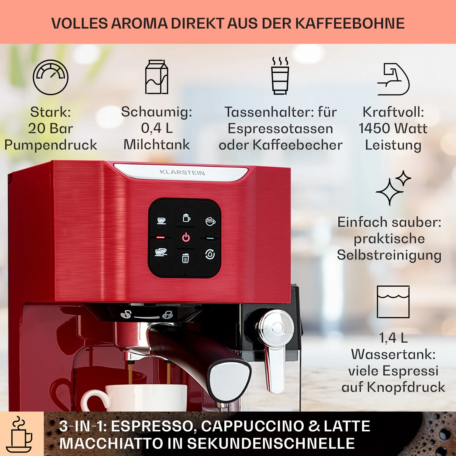 BellaVita Kaffeemaschine 3-in-1 1450 W 20 Bar Milchschäumer – Bild 2