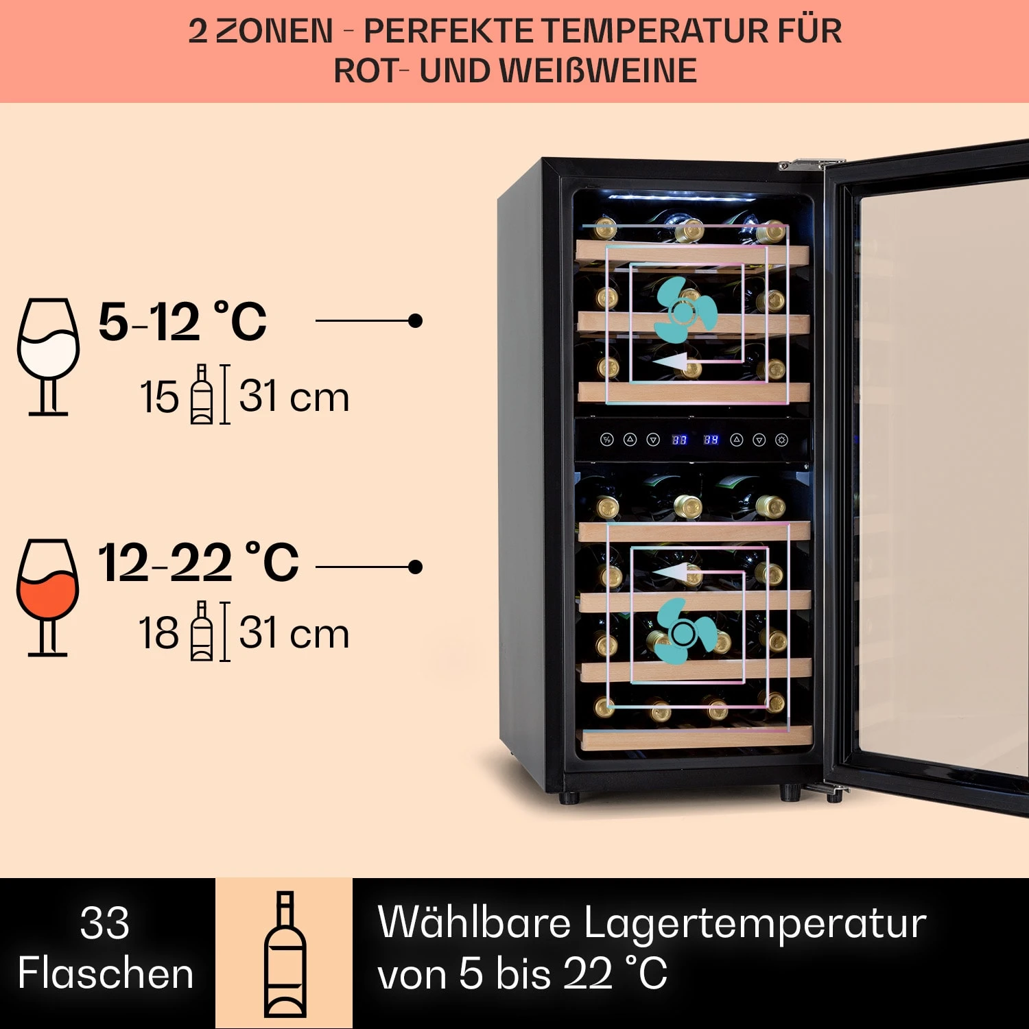 Vinamour 33 Duo Weinkühlschrank 2 Zonen 89 L / 33 Flaschen 5-18°C Touch – Bild 3