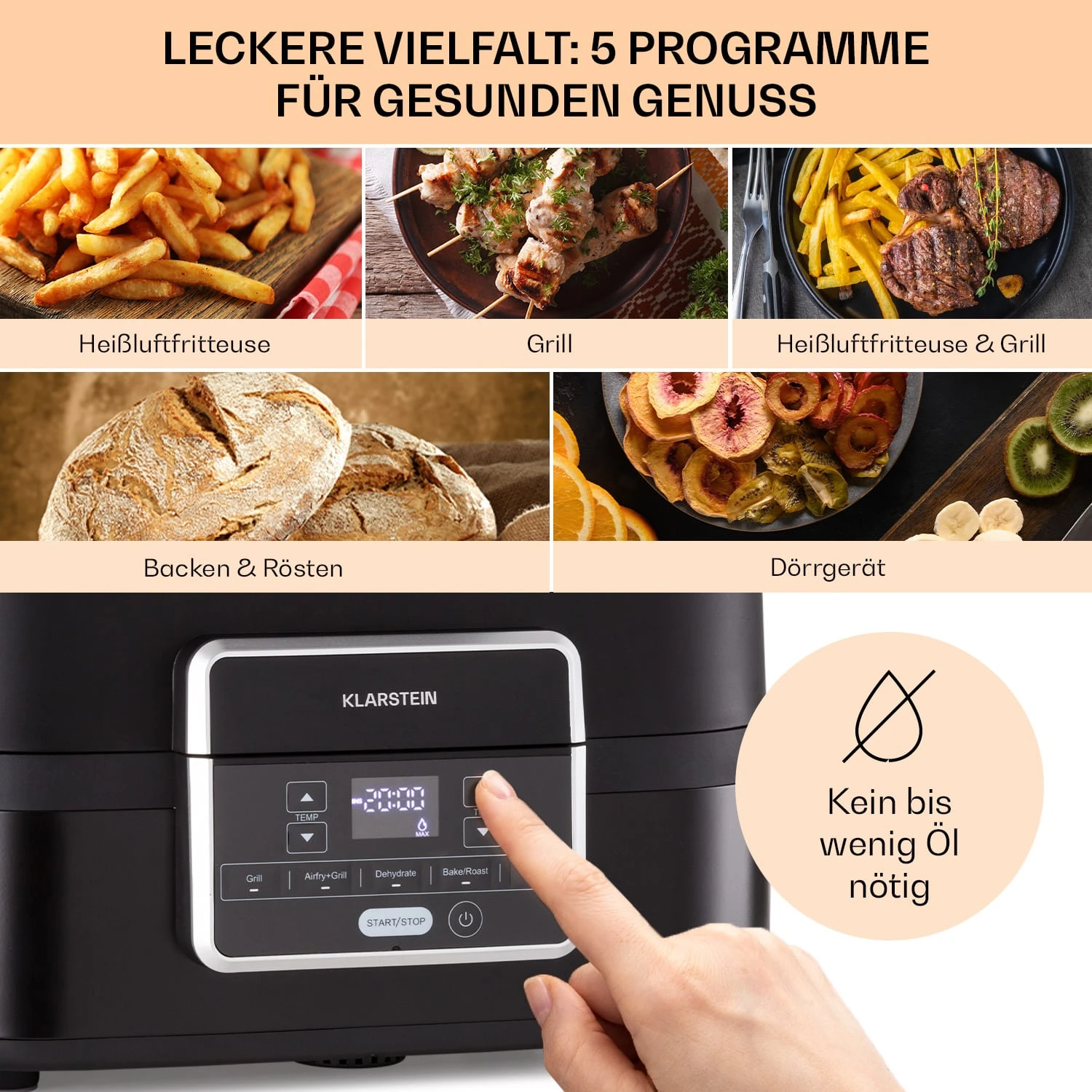 Combo Air Grill-Heißluftfritteuse 5 Programme 1500 Watt 4,5 L Grillkorb 2,5 L Frittierkorb – Bild 3