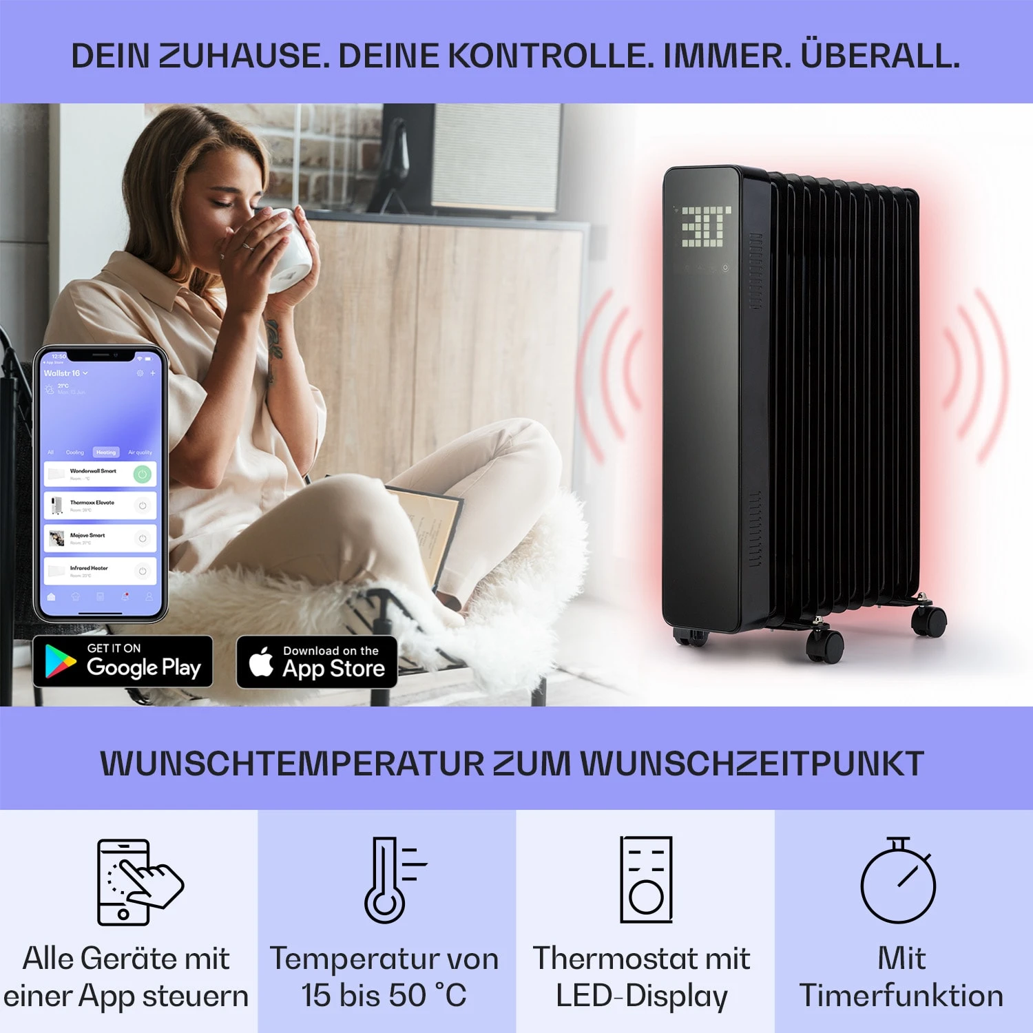 Sanford Smart Ölradiator 2500 W Leistung Wochentimer LED-Display Touch-Panel Klarstein-App – Bild 3
